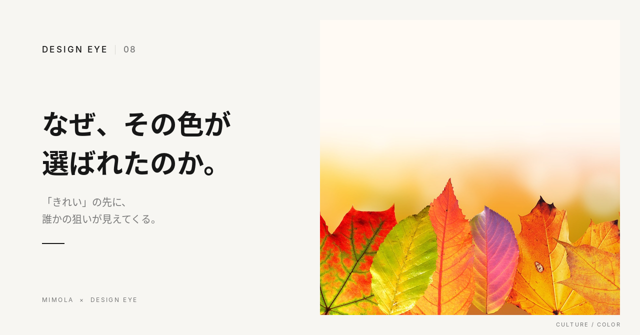 色とりどりの紅葉が並ぶ写真と、タイトル「なぜ、その色が選ばれたのか。」